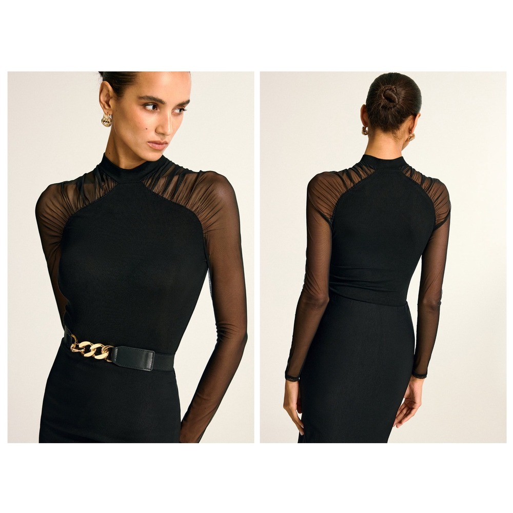 Commense Mock Neck Top Womens S Black Mesh Long Sleeve Ruched Shoulder